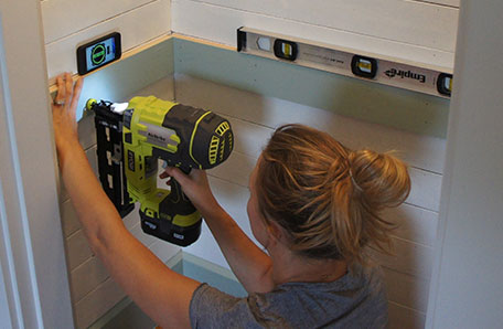 Install the levelled shelf supports with a nail gun