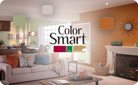 ColorSmart logo placed over a living room image with orange and green walls and colorful accessories with matching color swatches