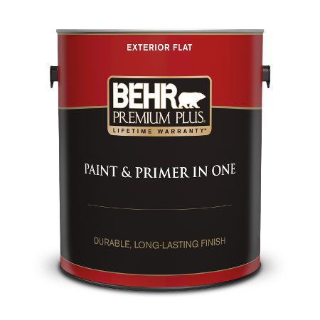 Can of Behr paint and primer in one exterior flat