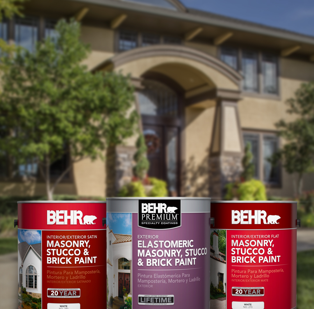 Three cans of Behr paint with large home and trees in the background, small image.