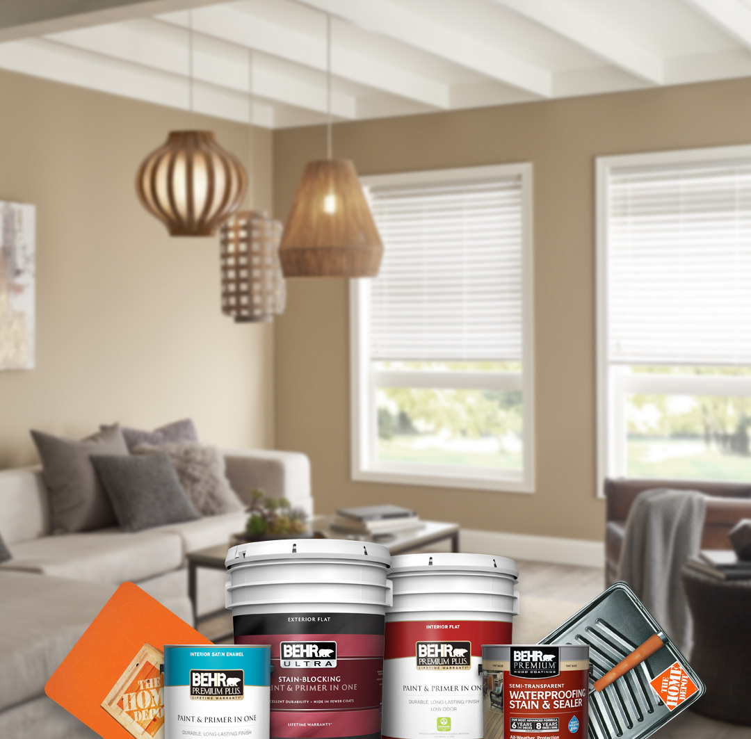 Mobile version of Living room image with montage of Behr products overlaid on top.