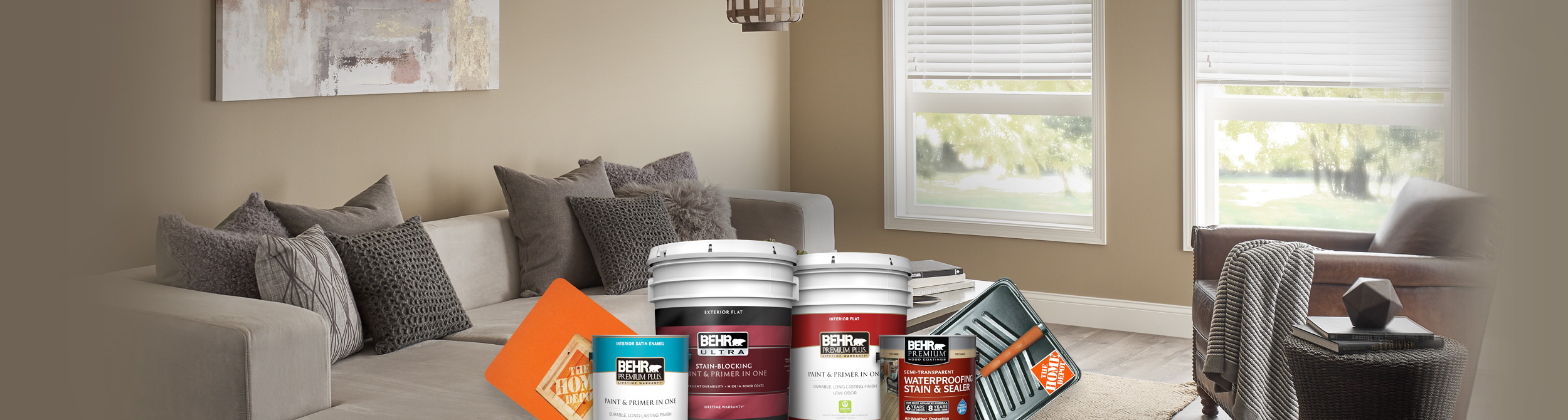 Living room image with montage of Behr products overlaid on top.