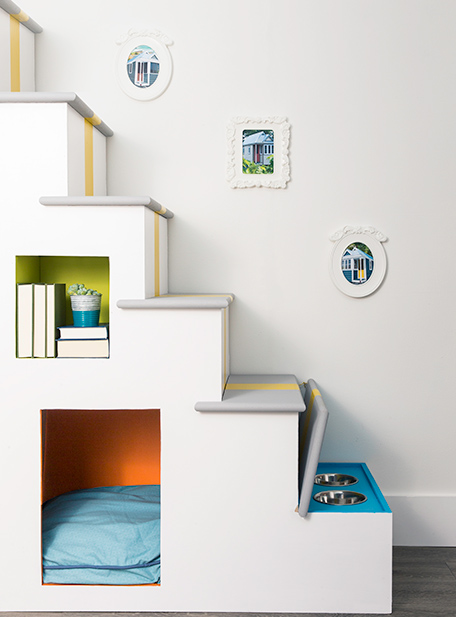 Text: Stairs that double as a pet haven after 
