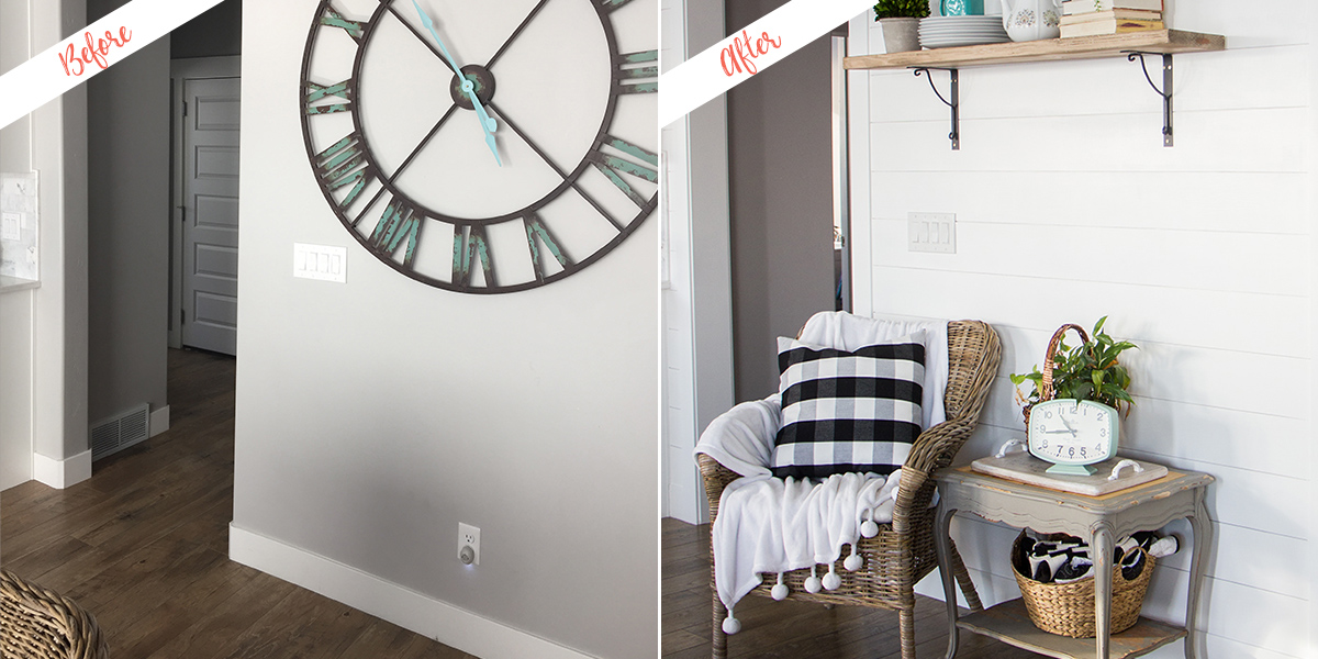 Shiplap accent wall, before and after