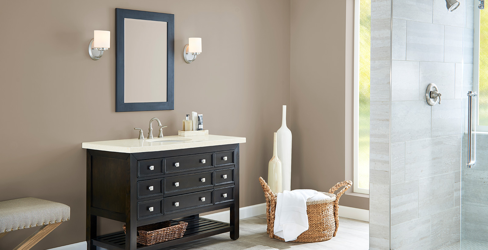 Versatile and comfortable styled bathroom with brown walls and white trim.