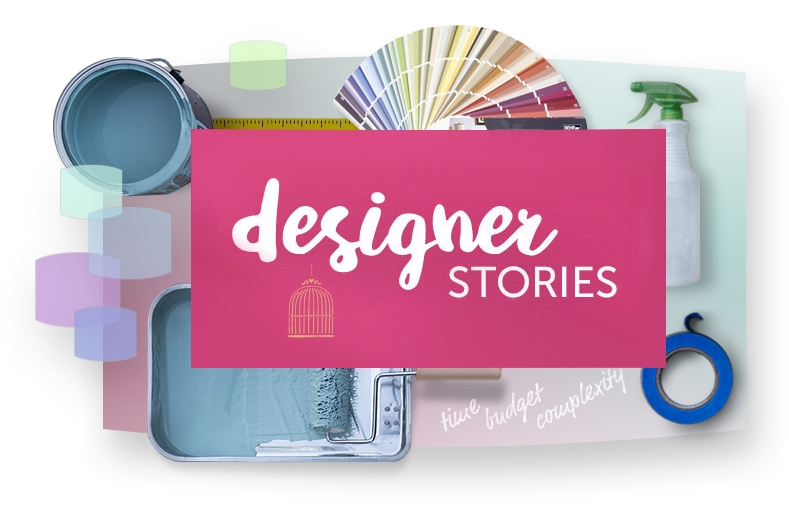 Designer stories text with open paint can, paint roller in a tray, spray bottle, and color palettes in the background